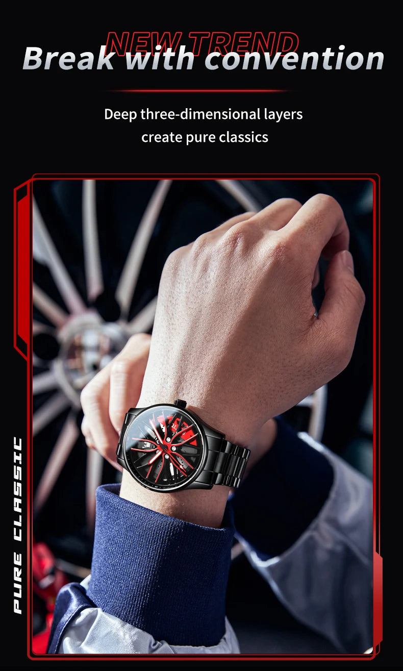 OLEVS Men Quartz Watch Car Wheel Rim Hub Dial Male Wristwatch Cool Man Black Red Waterproof Watches Full Steel Relogio Masculino
