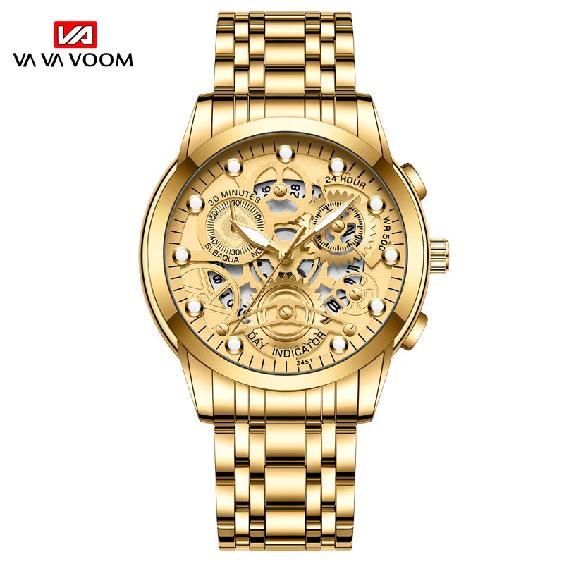 Men's Business Watch Skeleton Design Fashion Mechanical Style Stainless Steel Quartz Movement Calendar Waterproof Men WristWatch