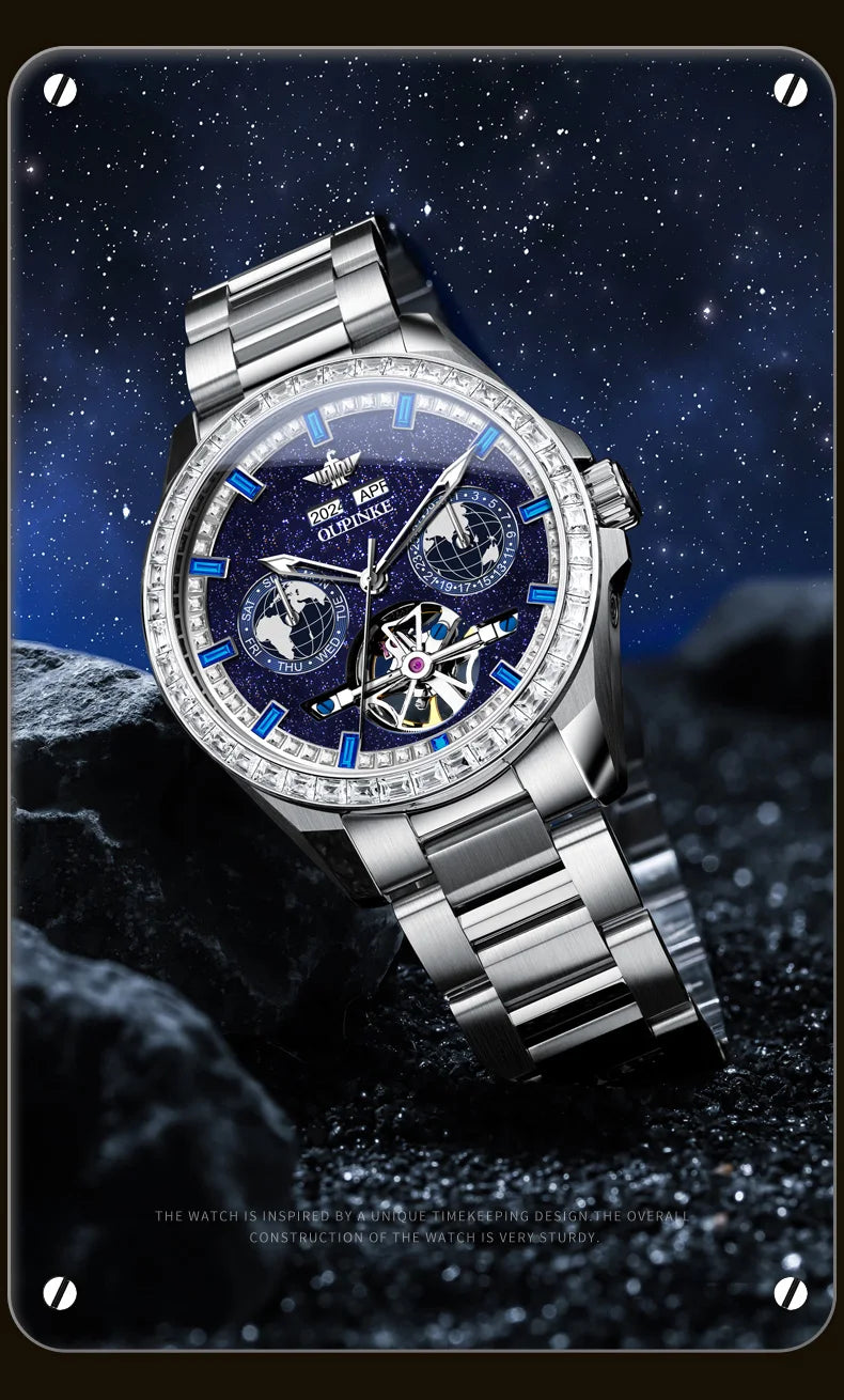 OUPINKE 3280 Mechanical Watch for Men Luxury Full Diamond Flywheel Skeleton Gold Stainless steel Date Automatic Men's Watch