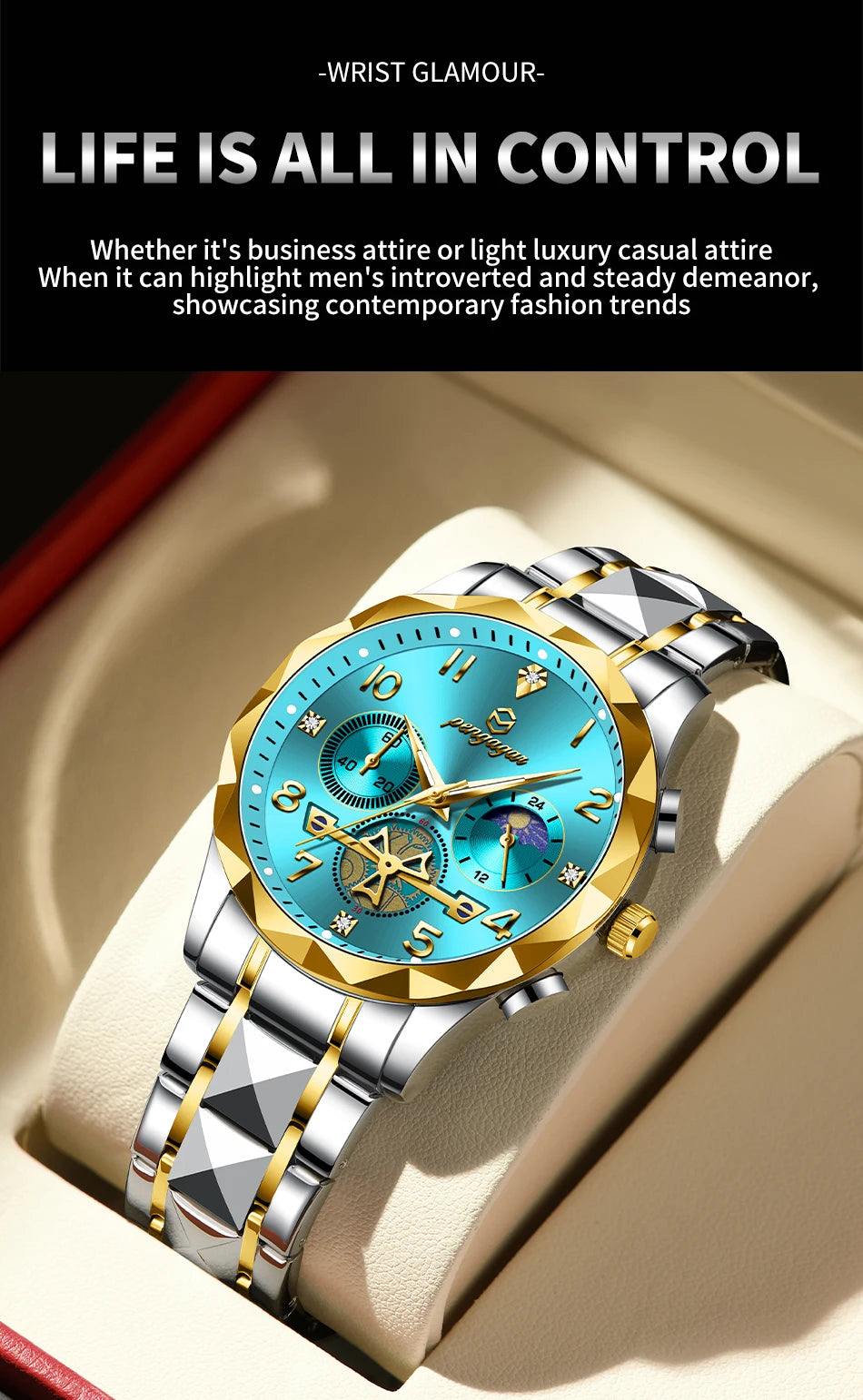 PENGAGAR Luxury Man Wristwatch Chronograph Waterproof Luminous Men Watch Stainless Steel High Quality Sport Men's Quartz Watches