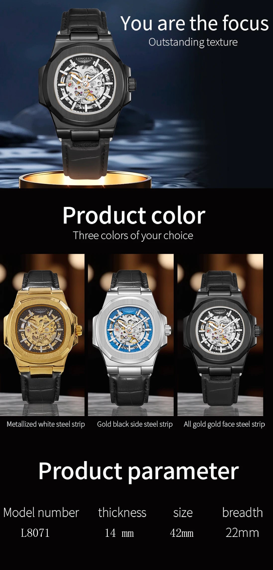 LONGLUX automatic man watch sport style wholesale mechanical wristwatches fashion hollow leather man watch men gift
