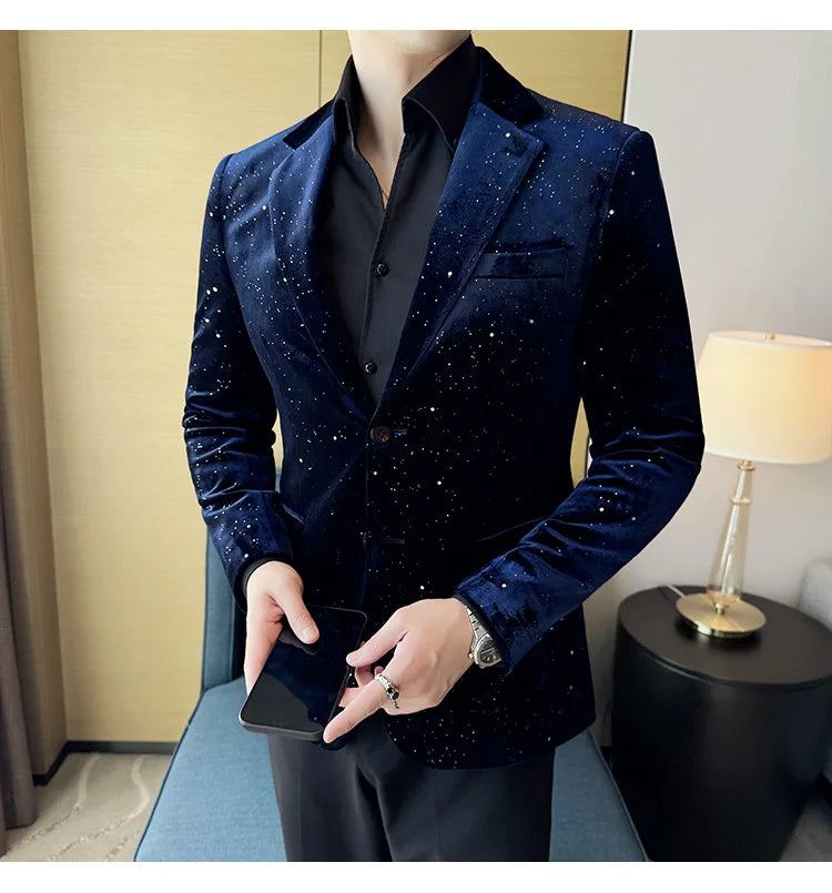 2024 Autumn New Velvet Jacket Men's Blazer Business Fashion Hot Stamping Printed Suit Jacket High-quality Luxury Dress Suit
