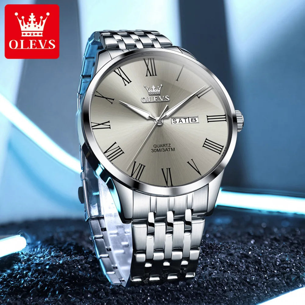 OLEVS 3633 Men's Watch Business Simply Original Quartz Watch for Man Waterproof Luminous Stainless Steel Dual Calendar Display
