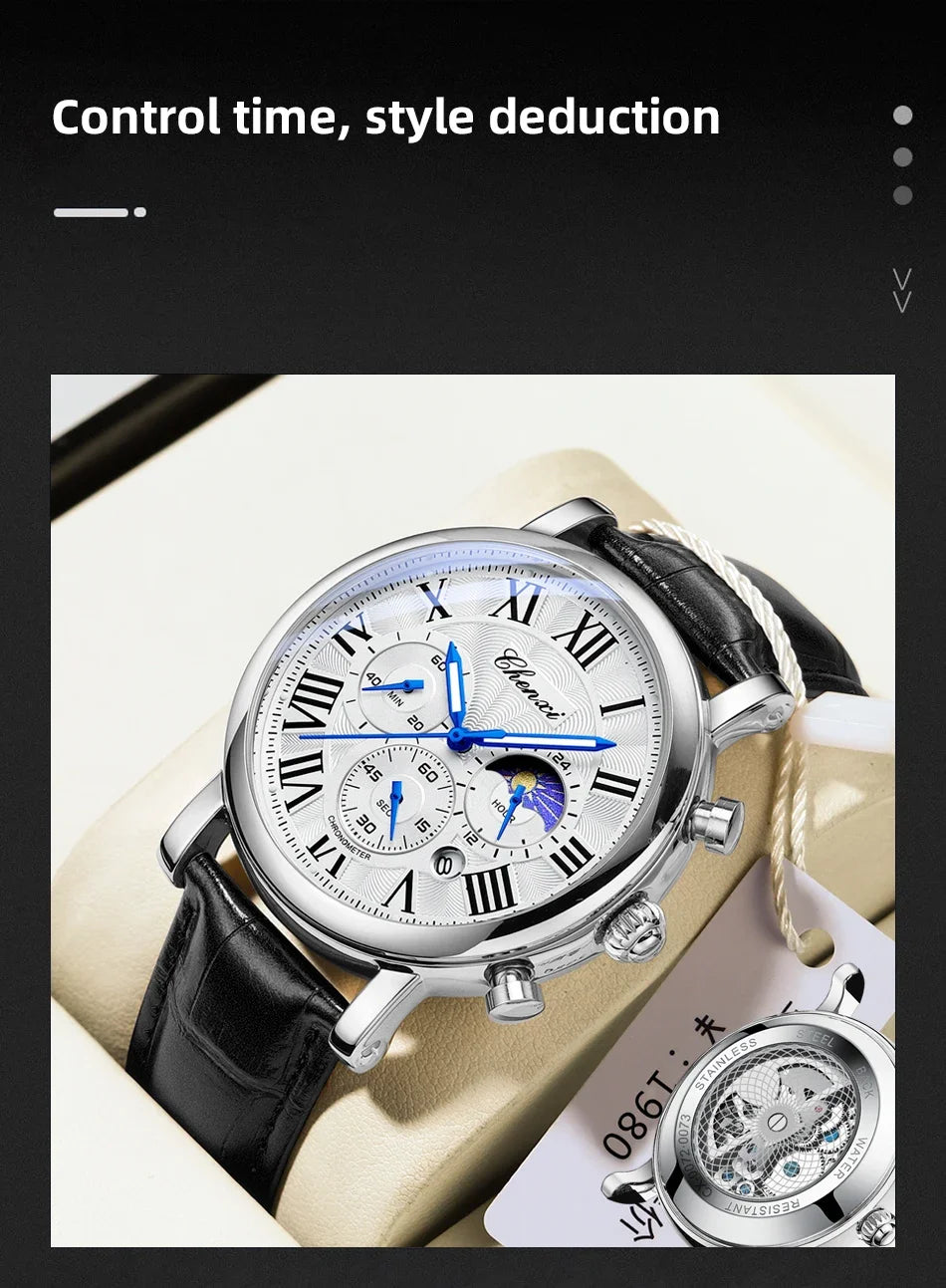 CHENXI 2024 Watches For Men Leather Strap Skeleton Quartz Sweep Second Movement Mens Watch Waterproof Chronograph Wristwatches