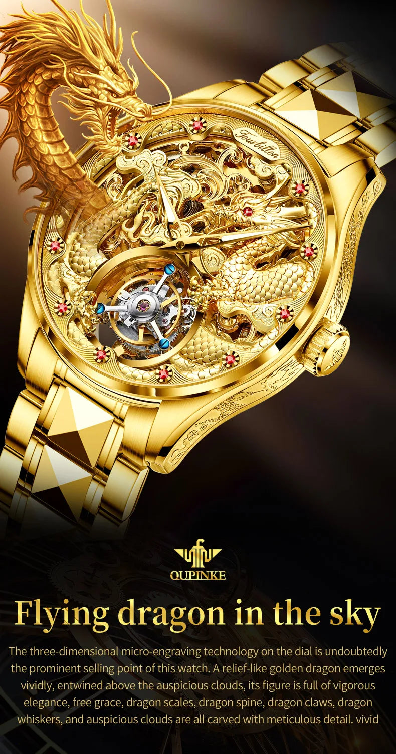 OUPINKE 3176 Luxury High end Fully Automatic Mechanical Tourbillon Watch Full Golden Dragon Dial Watch Sapphire Mirror Men Watch