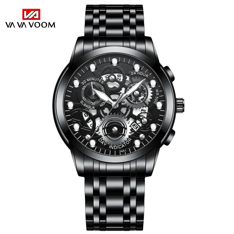 Men's Business Watch Skeleton Design Fashion Mechanical Style Stainless Steel Quartz Movement Calendar Waterproof Men WristWatch