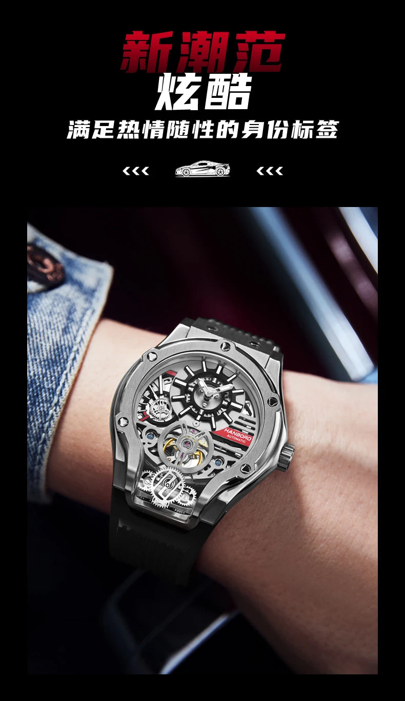 HANBORO Car Design Mechanic Watch Luxury Men Watches Mechanical Wristwatches Earth Skeleton Flywheel Watch Orologio Uomo