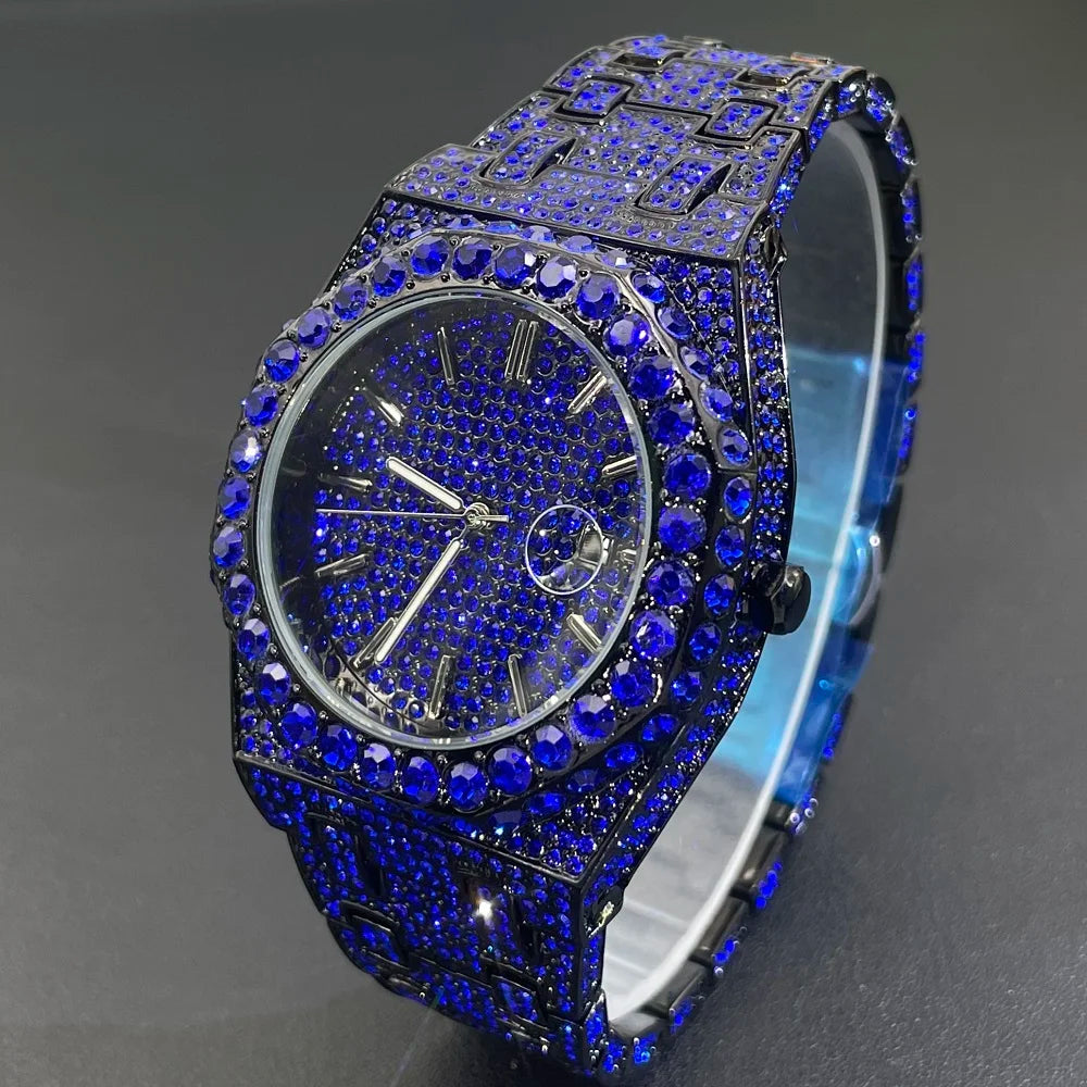 2024 New Hip Hop Mens Quartz Watch Brand MISSFOX Luxury Automatic Date Iced Out Clocks Man Fashion Green Full Diamond Wristwatch