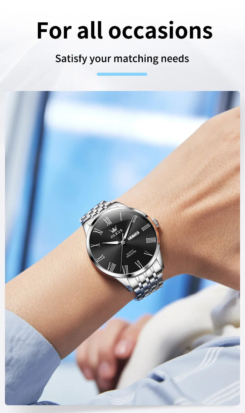 OLEVS 3633 Men's Watch Business Simply Original Quartz Watch for Man Waterproof Luminous Stainless Steel Dual Calendar Display