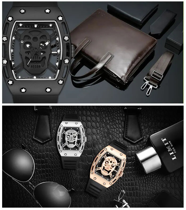 UTHAI Men Watch Fashion Trend For Skeleton Ghost Head Hollow Out Watch Wine Bucket Wristwatch Silicone Male Quartz Clock Watches