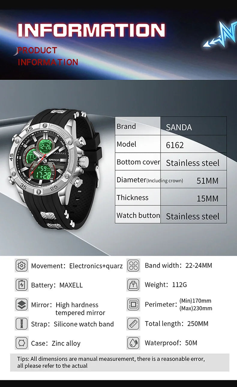 SANDA 6162 Men's Electronic Watch Creative Sports Waterproof Luminous Chronograph Pointer Digital Dual Display Wristwatches