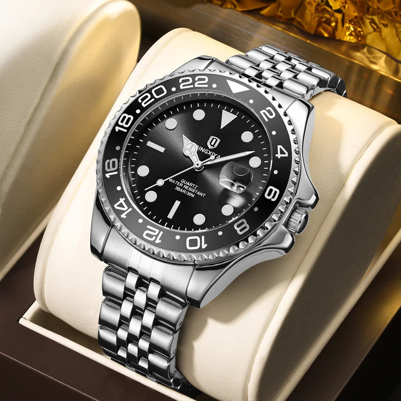 QINGXIYA Brand New Luxury Stainless Steel Quartz Watch for Men Waterproof Luminous Date Fashion Men Watch Casual Mens Watches