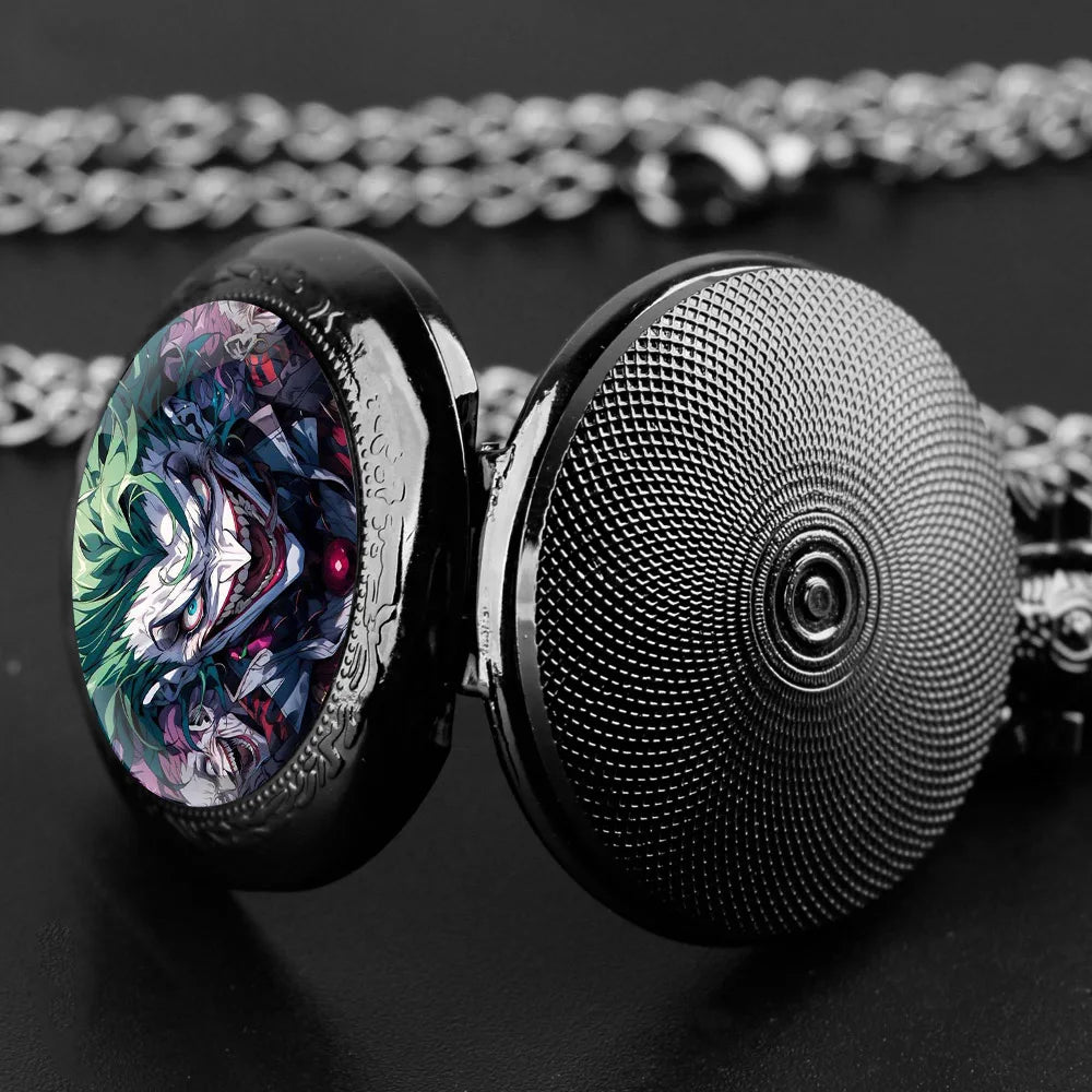Joker Themed Glass Dome Quartz Pocket Watch Classic Arabic Numeral Dial with Durable Chain for Men Creative Gifts