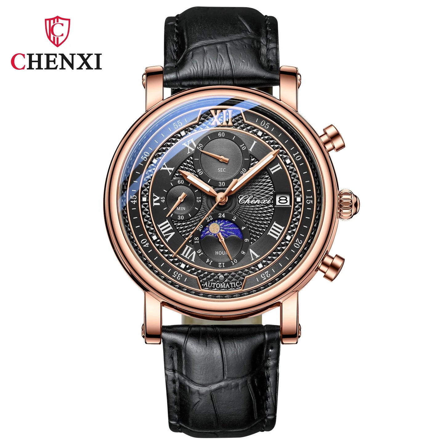 CHENXI 976 Men's Watch Leather Chronograph Date Quartz Watches Phase Moon Timing Business Luminous Wrist Watch Relojes para
