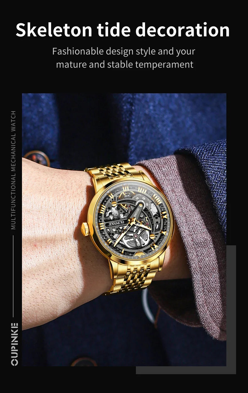 OUPINKE 3173 Luxury Gold Mechanical Watch For Men Hollow Top Brand Original Automatic Wristwatch 50M Waterproof Luminous Watches