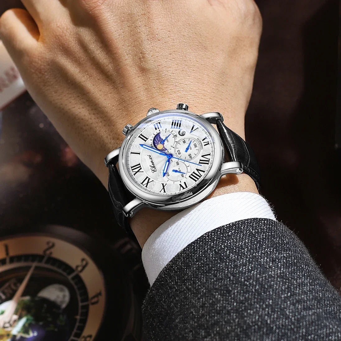 CHENXI 2024 Watches For Men Leather Strap Skeleton Quartz Sweep Second Movement Mens Watch Waterproof Chronograph Wristwatches