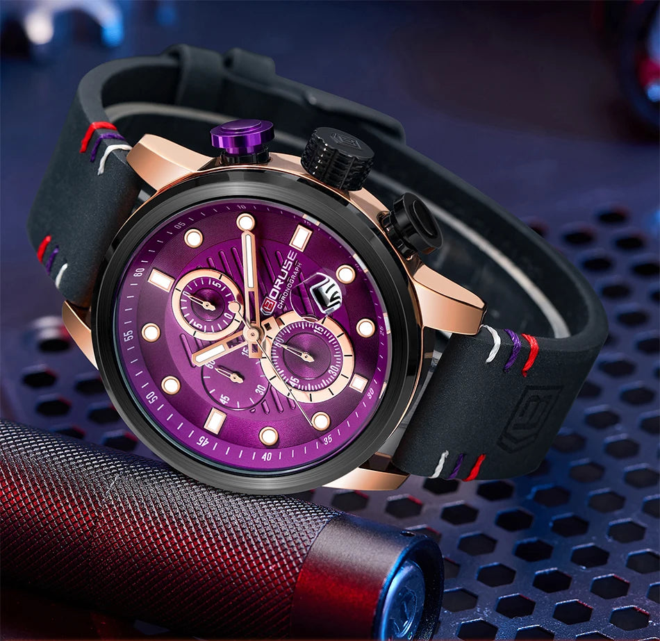 BORUSE New Fashion Mens Watches Top Brand Luxury Military Quartz Watch Man Premium Leather Waterproof Sport Chronograph Watch