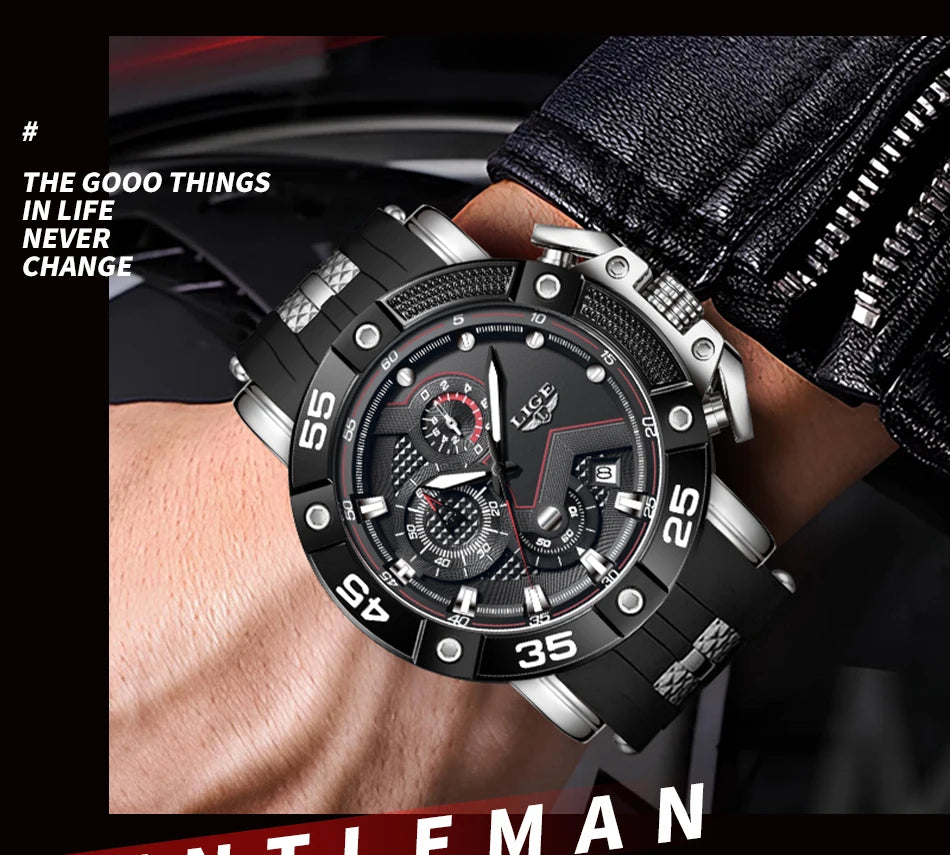 LIGE Mens Watches Top Brand Luxury Big Dial Watch Men Silicone Military Sports Waterproof Quartz Watch For Men Relogio Masculino