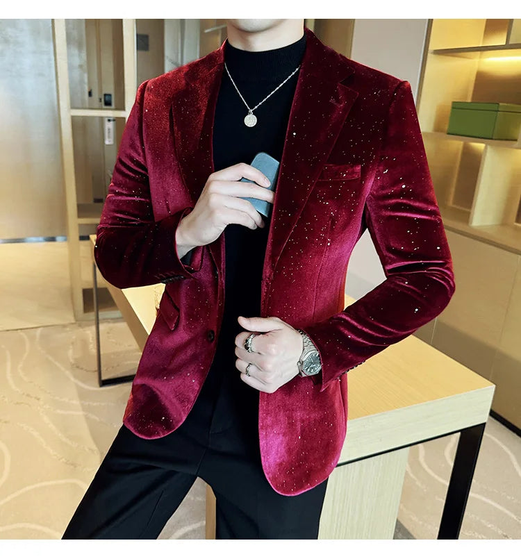 2024 Autumn New Velvet Jacket Men's Blazer Business Fashion Hot Stamping Printed Suit Jacket High-quality Luxury Dress Suit