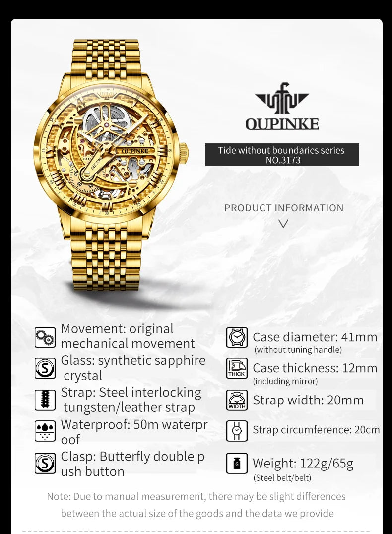 OUPINKE 3173 Luxury Gold Mechanical Watch For Men Hollow Top Brand Original Automatic Wristwatch 50M Waterproof Luminous Watches