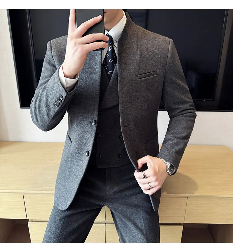Korean Style Men's Suit Set Slim Fit Business Suit Wool Blazer Three Piece Set Elegant Social Formal Men's Clothing 5XL-M