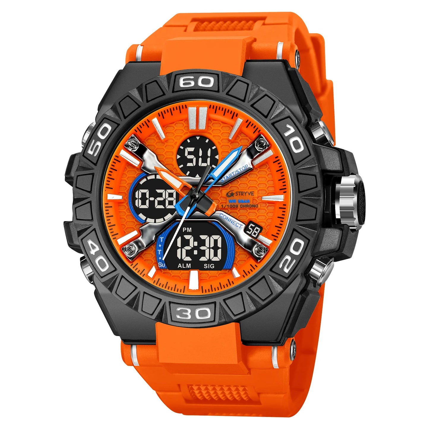 STRYVE Men's Watches 50M Waterproof Clock Alarm Reloj Hombre 8026 Dual Display Wristwatch Quartz Digital Clock Men