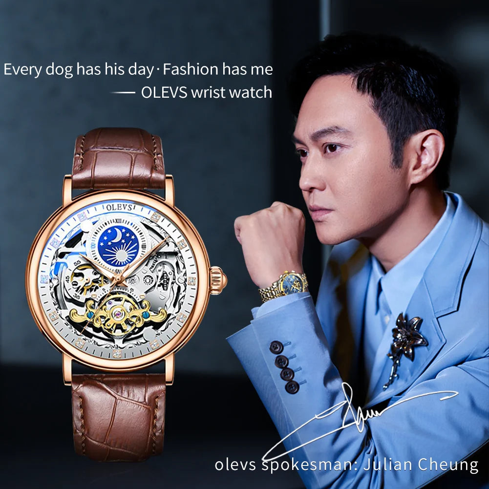 OLEVS Top Brand Luxury Mechanical Watch Men Leather Waterproof Moon Phase Automatic Wristatches Man Clock with Luminous Hands