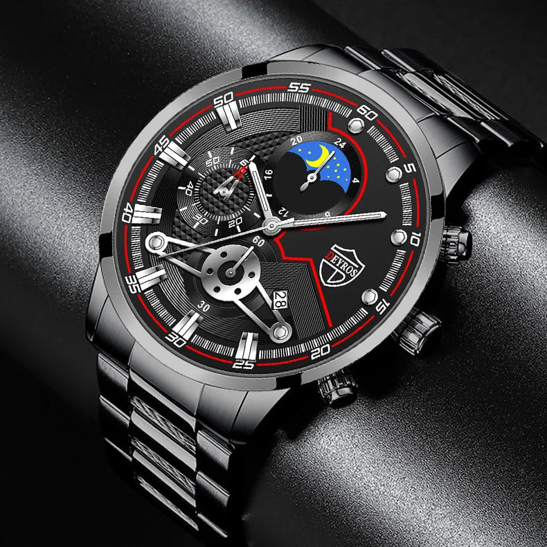 Reloj Hombre Men's Luxury 3-Piece Business Watches Mens Full Calendar Leisure Sports Watch Men Stainless Steel Quartz WishWatch