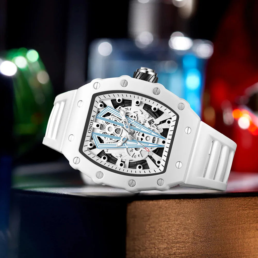 ONOLA Tonneau Mens Watch Fashion White Male Clock Luminous Calendar Water Resistant Silicone Tape Watches for Men Reloj Hombre