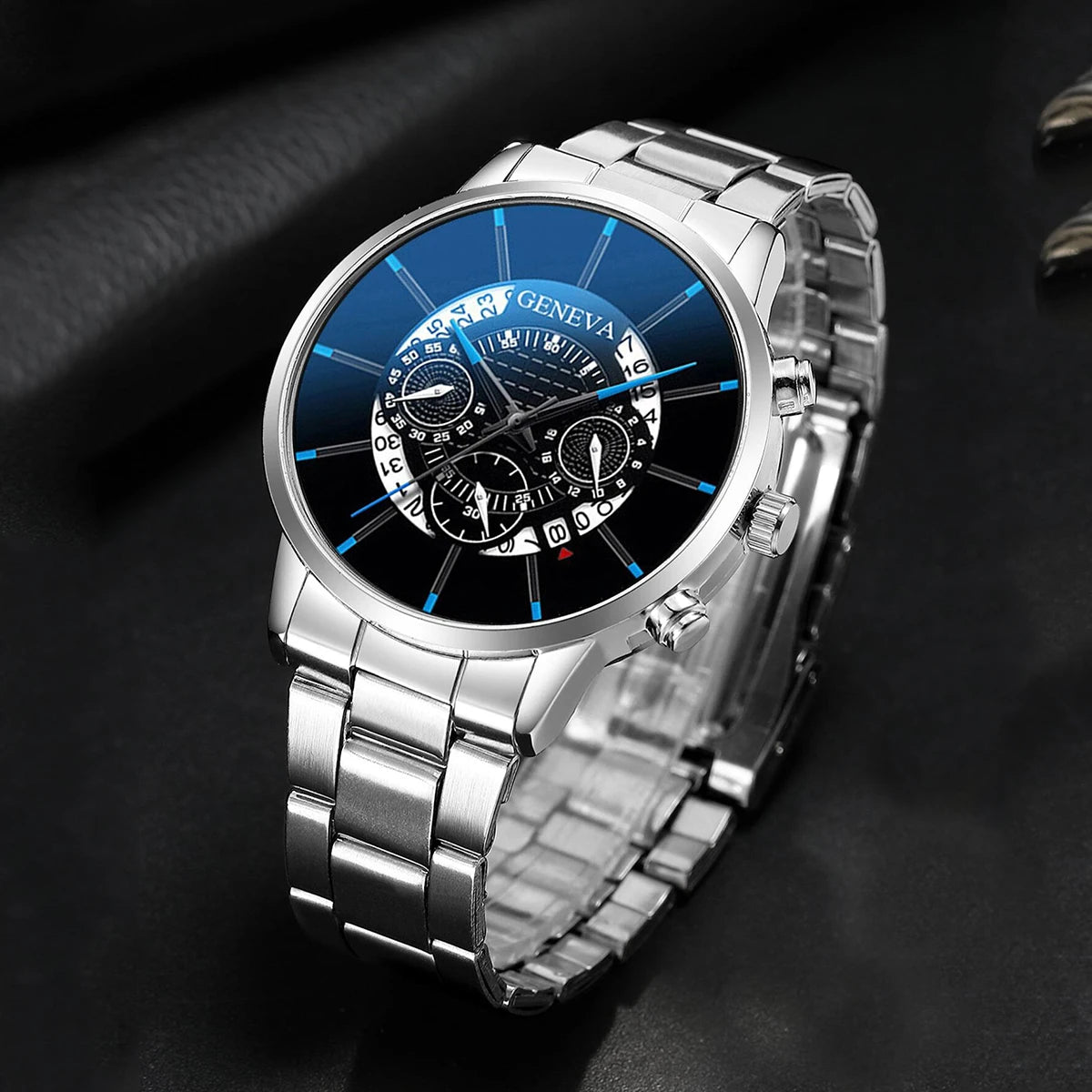 2PCS Men Business Watch Fashion Big Dial Steel Band Calendar Watches Sports Quartz Wristwatch Relogio Masculino(Without Box)