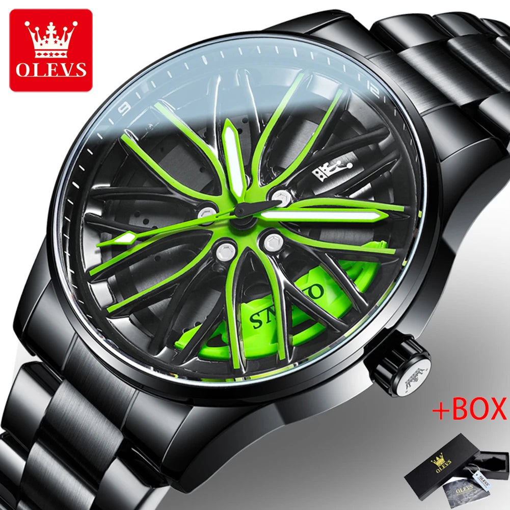 OLEVS Men Quartz Watch Car Wheel Rim Hub Dial Male Wristwatch Cool Man Black Red Waterproof Watches Full Steel Relogio Masculino