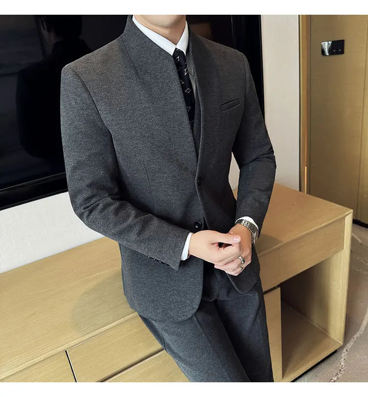 Korean Style Men's Suit Set Slim Fit Business Suit Wool Blazer Three Piece Set Elegant Social Formal Men's Clothing 5XL-M