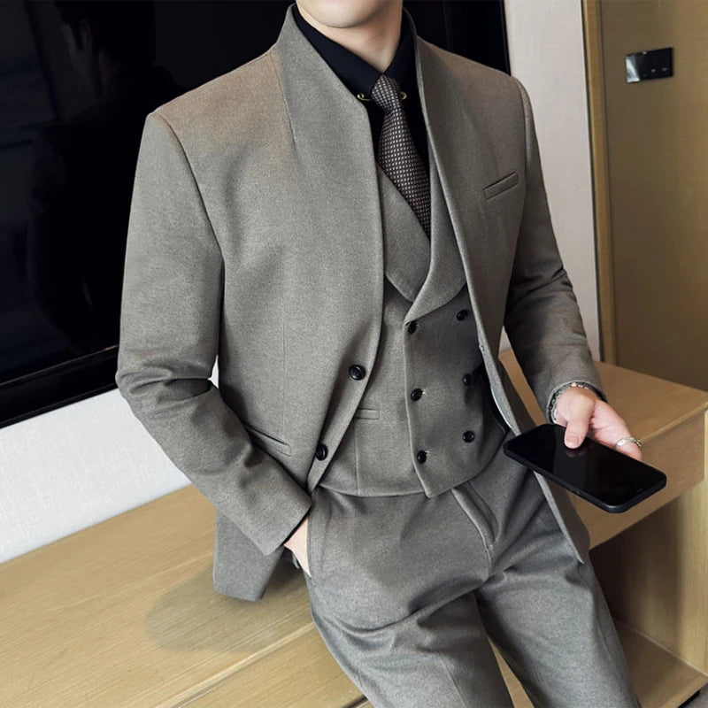 Korean Style Men's Suit Set Slim Fit Business Suit Wool Blazer Three Piece Set Elegant Social Formal Men's Clothing 5XL-M