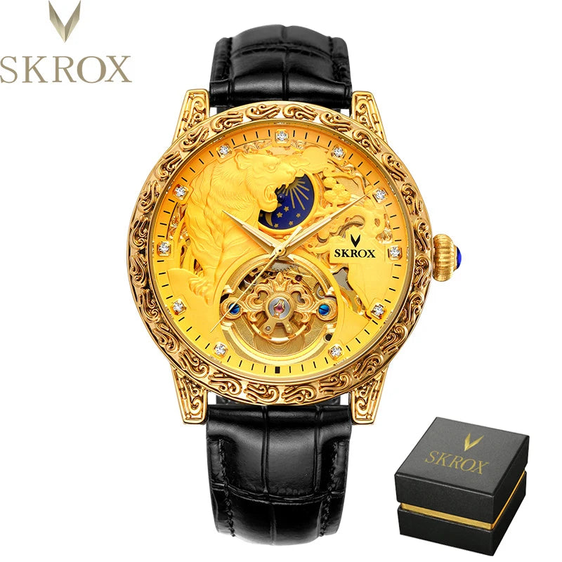 SKROX Original Gold Tiger Diamond Elegant Men's Watch Moon Phase Tourbillon Automatic Mechanical High-end Luxury Male Clockwork
