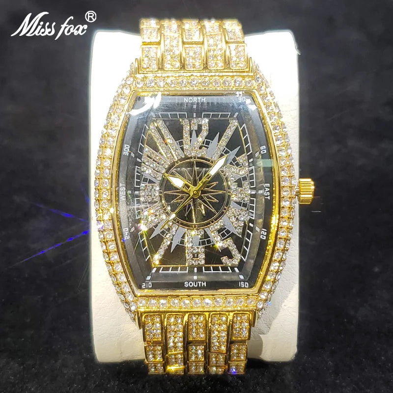 Classic 55mm Black Dial Wristwatch Men Famous Brand Diamond Silver Quartz Watch Original Ice Out Shiny Waterproof Clock 2023 New
