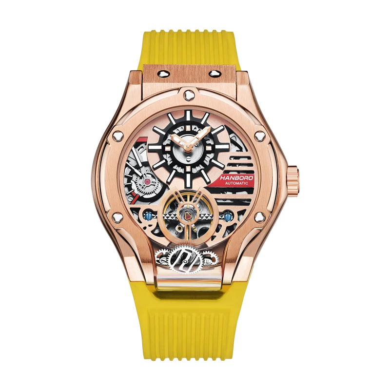 HANBORO Car Design Mechanic Watch Luxury Men Watches Mechanical Wristwatches Earth Skeleton Flywheel Watch Orologio Uomo