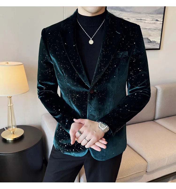 2024 Autumn New Velvet Jacket Men's Blazer Business Fashion Hot Stamping Printed Suit Jacket High-quality Luxury Dress Suit