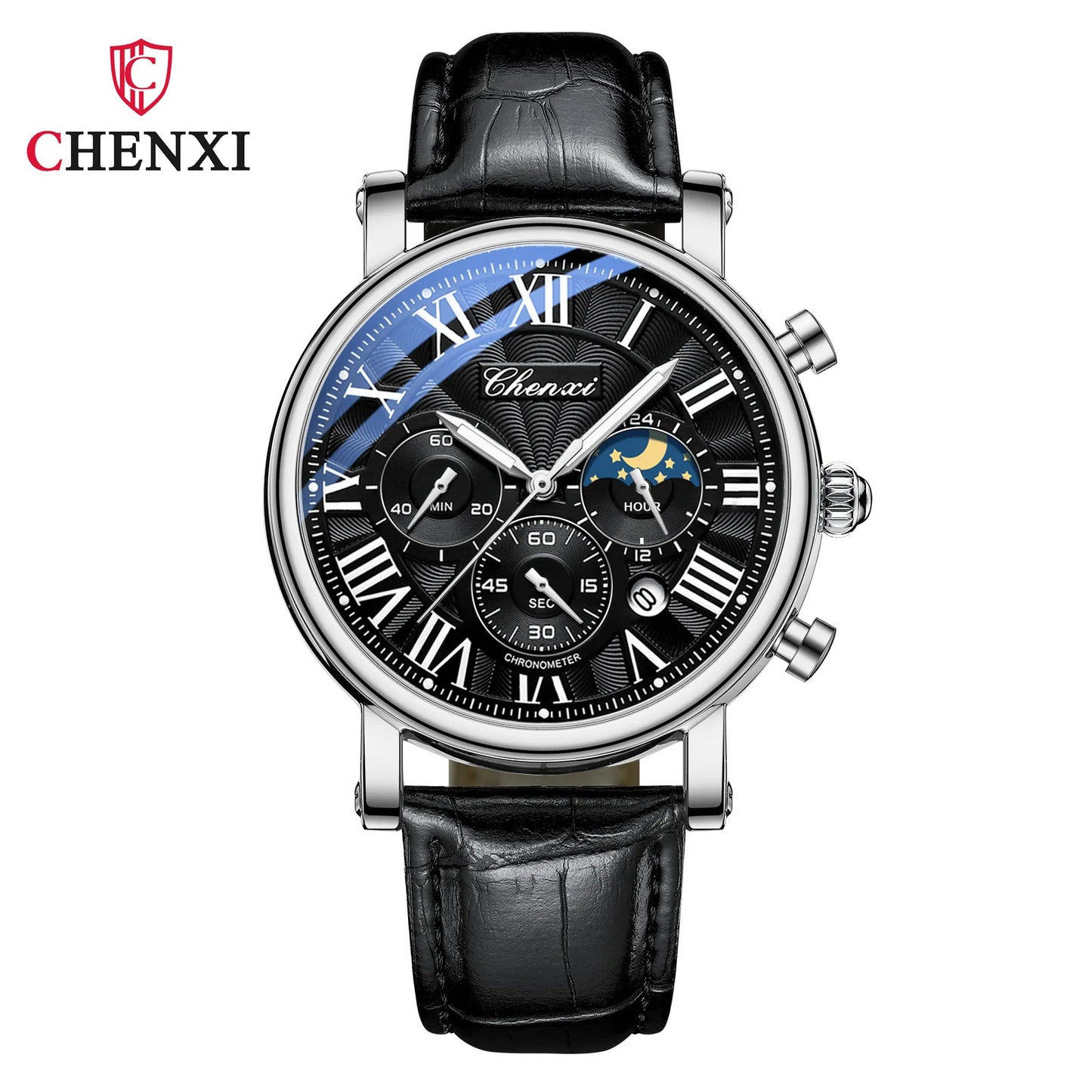 CHENXI 973 Men's Wristwatch Multi-functional Business Watch Moon Phase Date Waterproof Rome Dial Leather Quartz Watches for Man