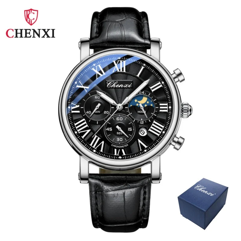 CHENXI 973 Men's Wristwatch Multi-functional Business Watch Moon Phase Date Waterproof Rome Dial Leather Quartz Watches for Man