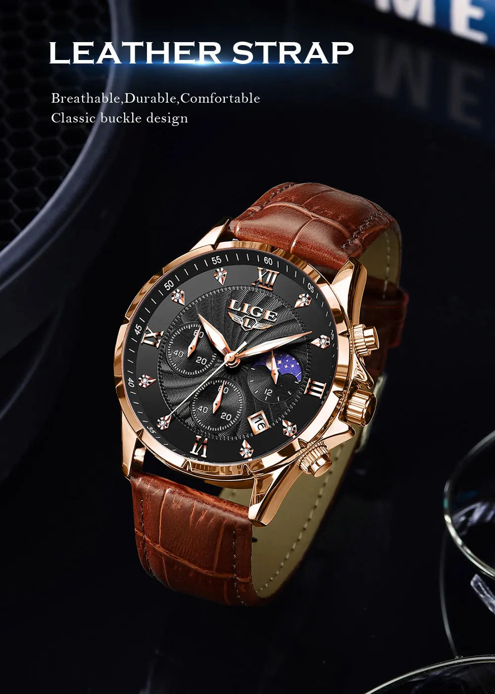 LIGE Men's Watch Luxury Business Luminous Waterproof Leather Watches Moon Phase Week Date Casual Quartz Watch Men Reloj hombre