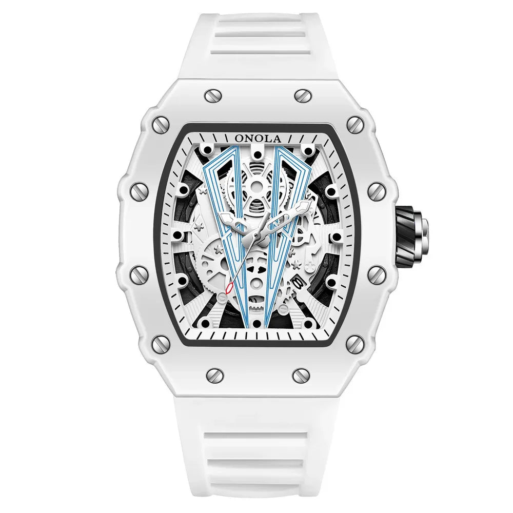 ONOLA Tonneau Mens Watch Fashion White Male Clock Luminous Calendar Water Resistant Silicone Tape Watches for Men Reloj Hombre