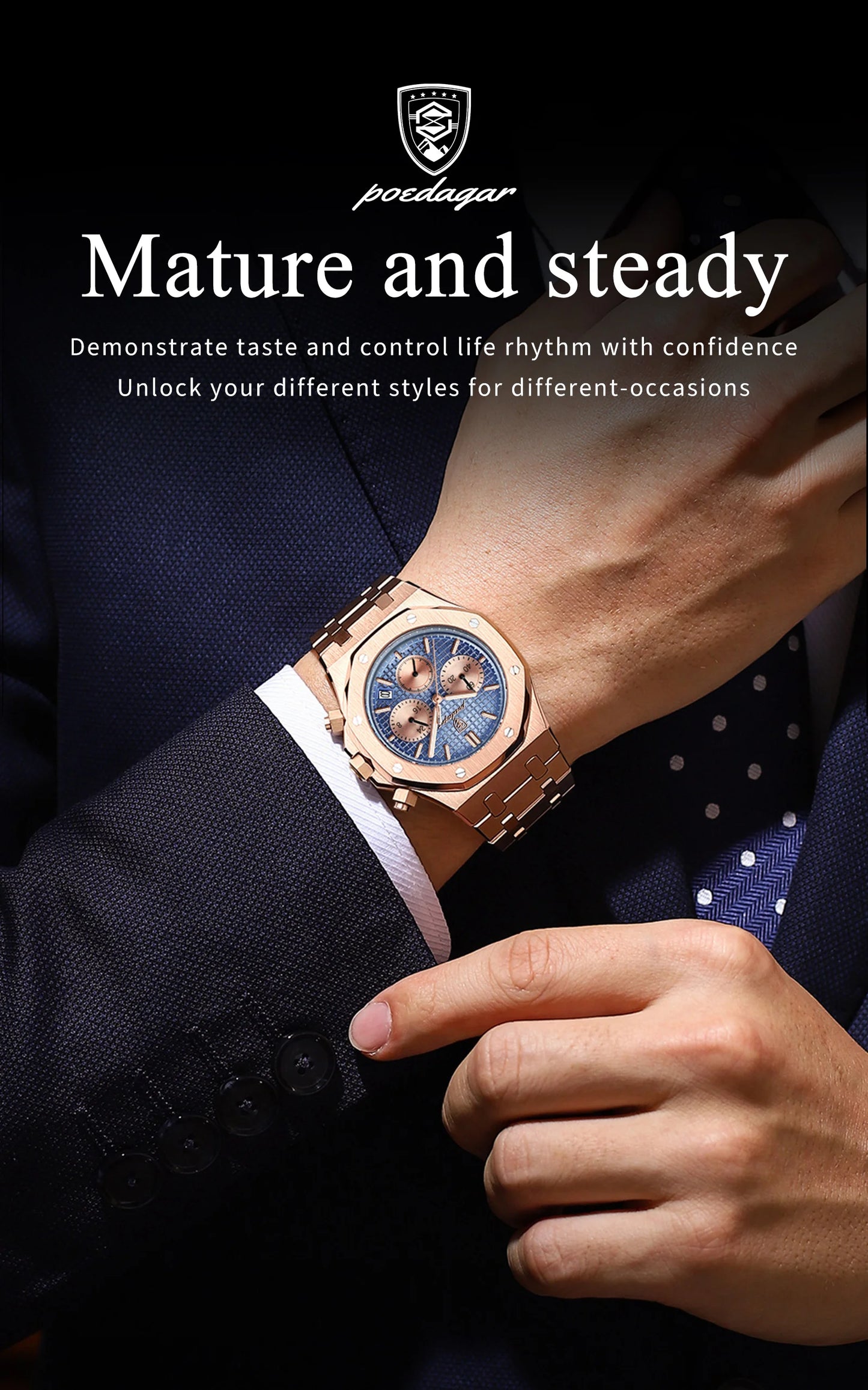 POEDAGAR Classic Men's Watches Trend Fashion Original Quartz Watch for Man Waterproof Fine Steel Chronograph Wristwatch Date