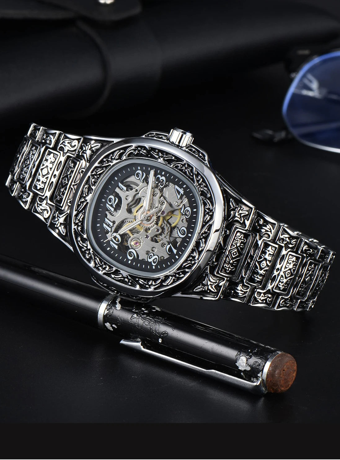 LONGLUX automatic watch for man retro mechanical wristwatches luxury alloyl waterproof skeleton mens watch men gift