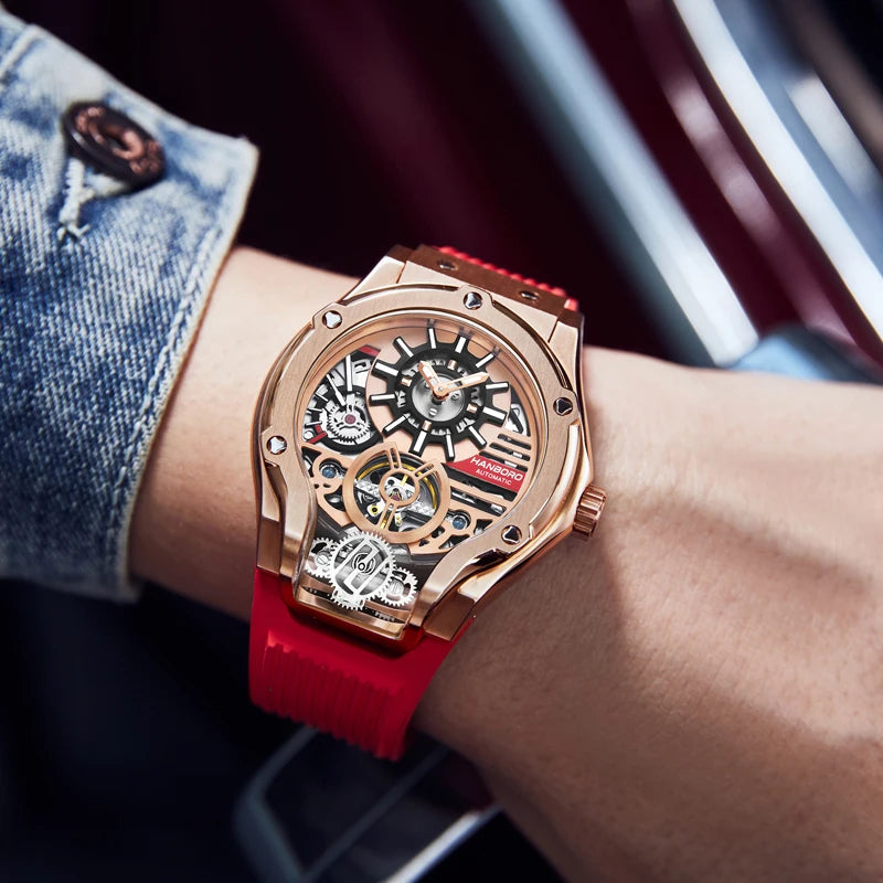 HANBORO Car Design Mechanic Watch Luxury Men Watches Mechanical Wristwatches Earth Skeleton Flywheel Watch Orologio Uomo