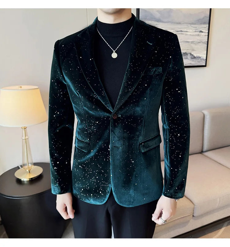 2024 Autumn New Velvet Jacket Men's Blazer Business Fashion Hot Stamping Printed Suit Jacket High-quality Luxury Dress Suit