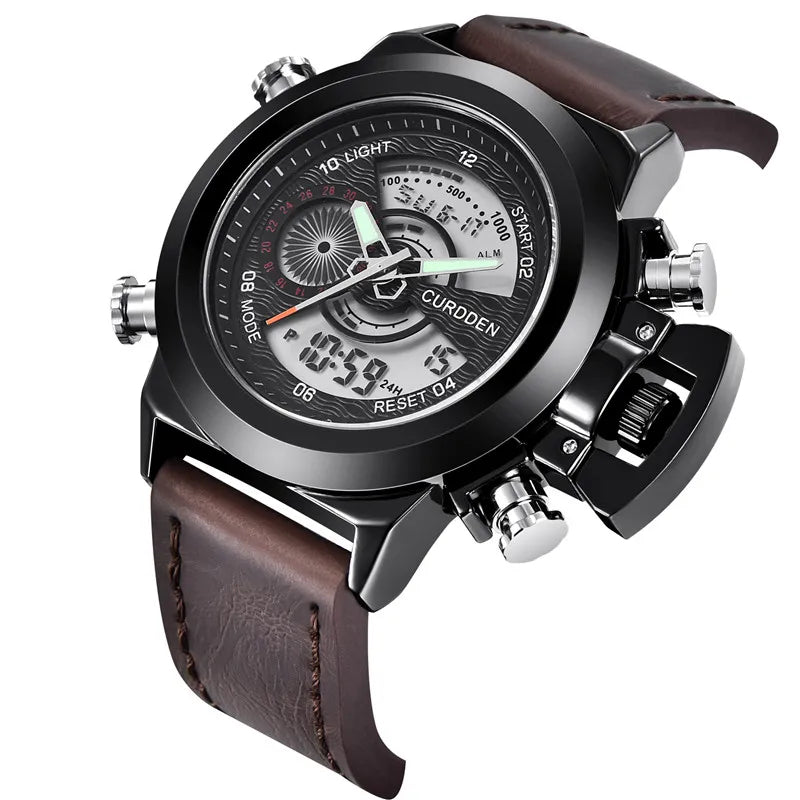 Men Original CURDDEN Brand Dual Time Watches Fashion Leather Band Chronograph Military Multi-function Sports Watch Reloj Hombre
