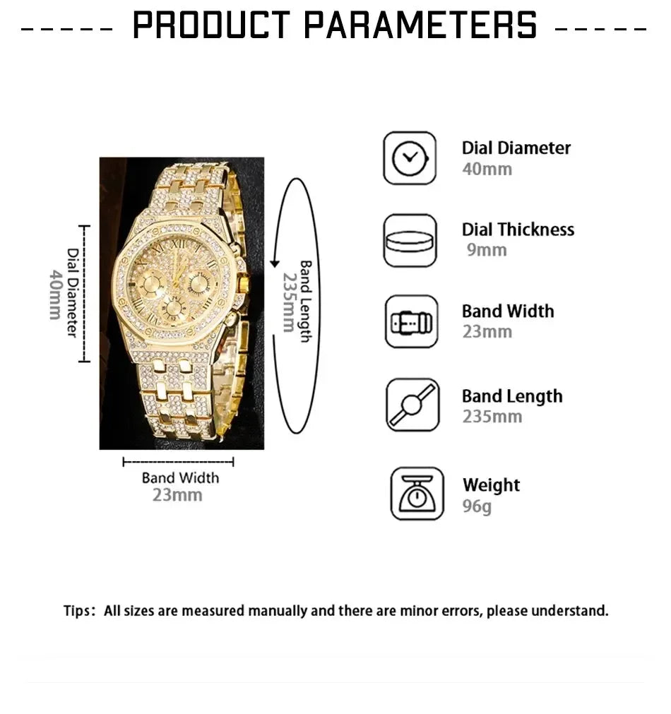 Luxury Men Watch Stainless Stee Band Golden Watches for Men Fashion Hip Hop Watch Diamond Big Dial Business Quartz Wristwatches