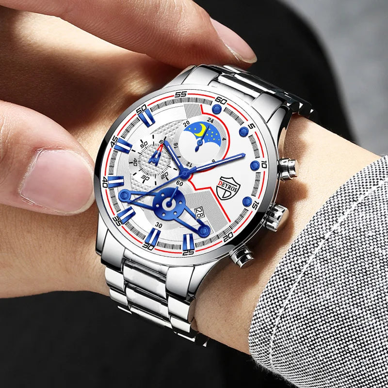 Reloj Hombre Men's Luxury 3-Piece Business Watches Mens Full Calendar Leisure Sports Watch Men Stainless Steel Quartz WishWatch
