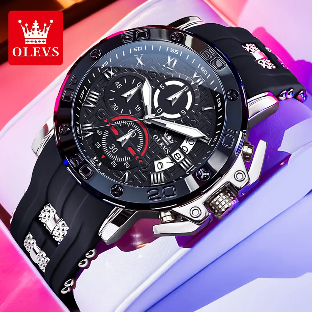 OLEVS 9986 Men Watch Silicone Strap Sports Multi functional Waterproof Luminous Timing Code Watch Luxury Brand Men Quartz Watch