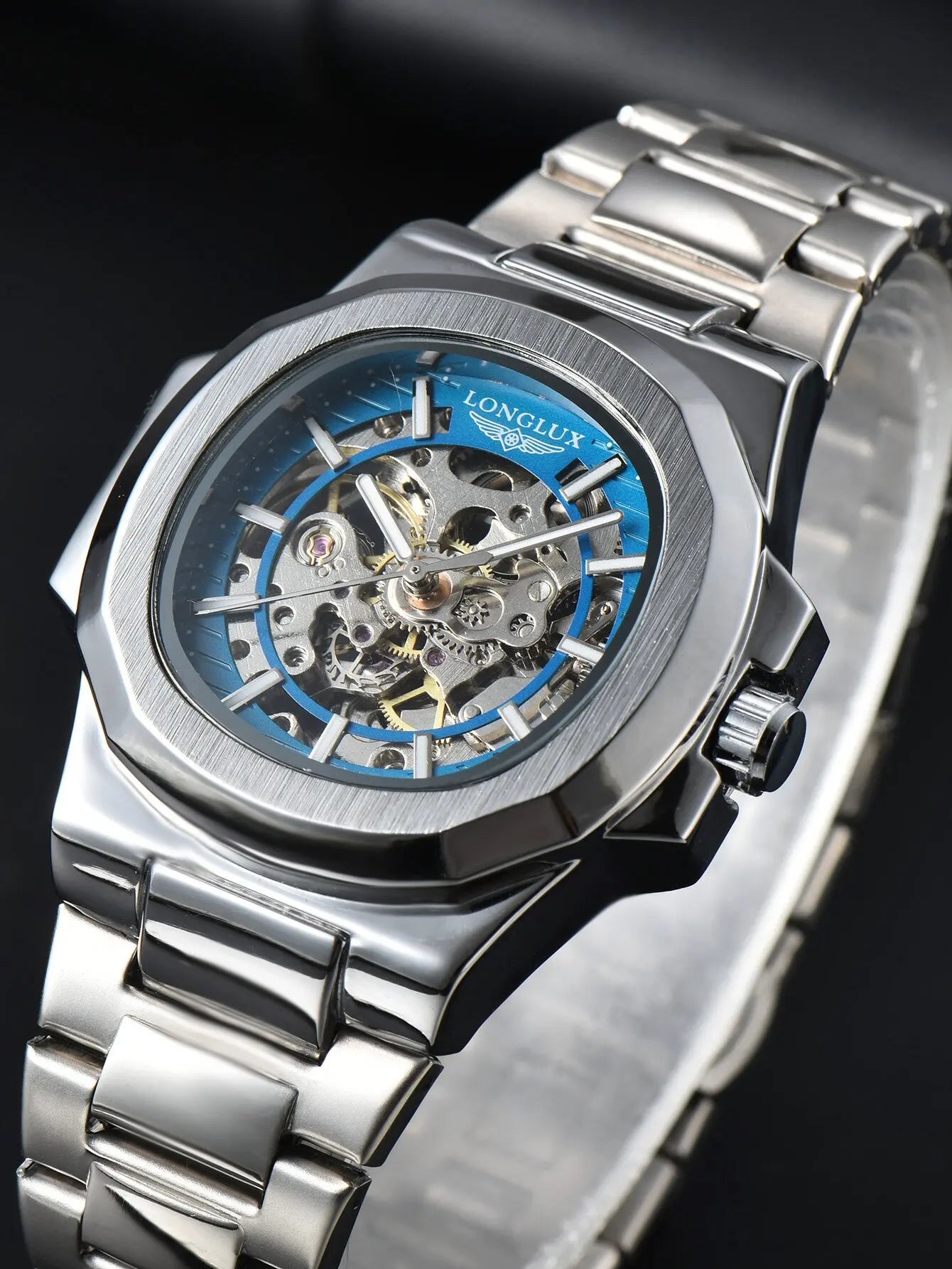 LONGLUX automatic man watch luxury wholesale mechanical wristwatches stainless steel skeleton waterproof mens watch men gift